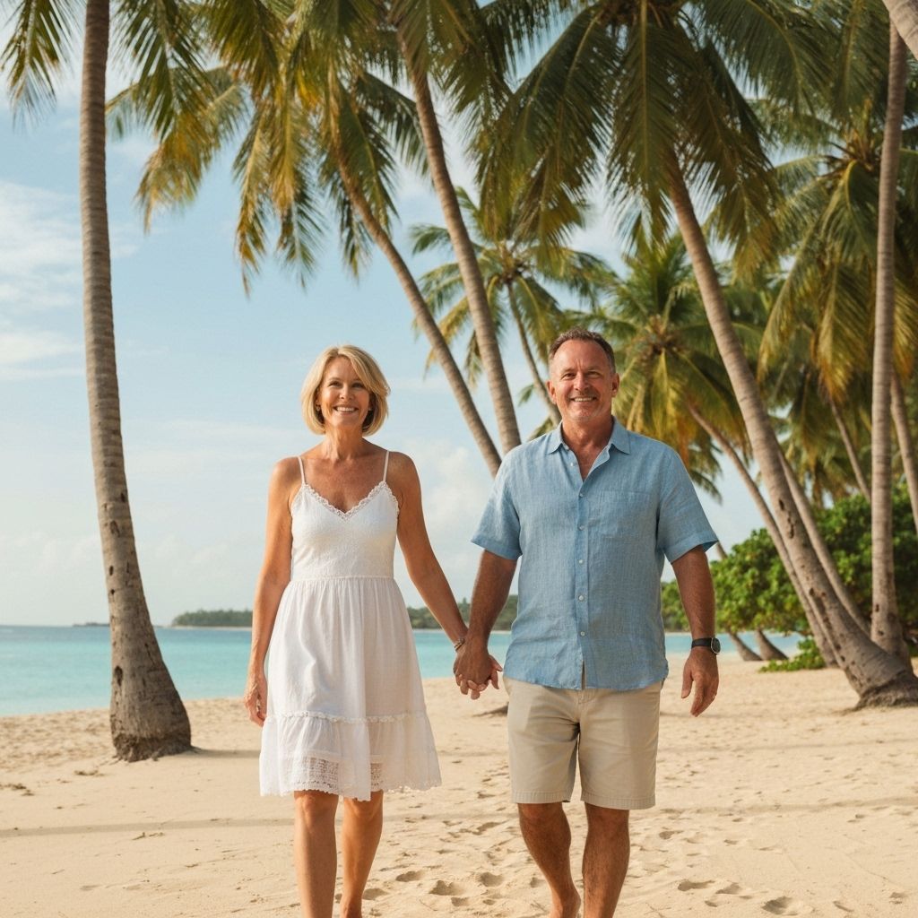 Retirement Investment Planner - 55 year old couple by the sea with palm trees